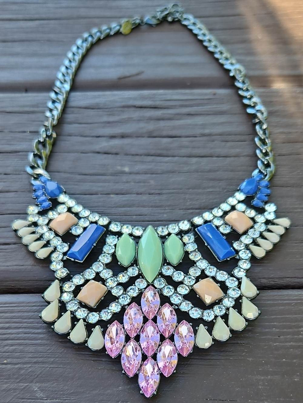 Statement Bib Necklace with Pink, Blue, Green & Cream Stones